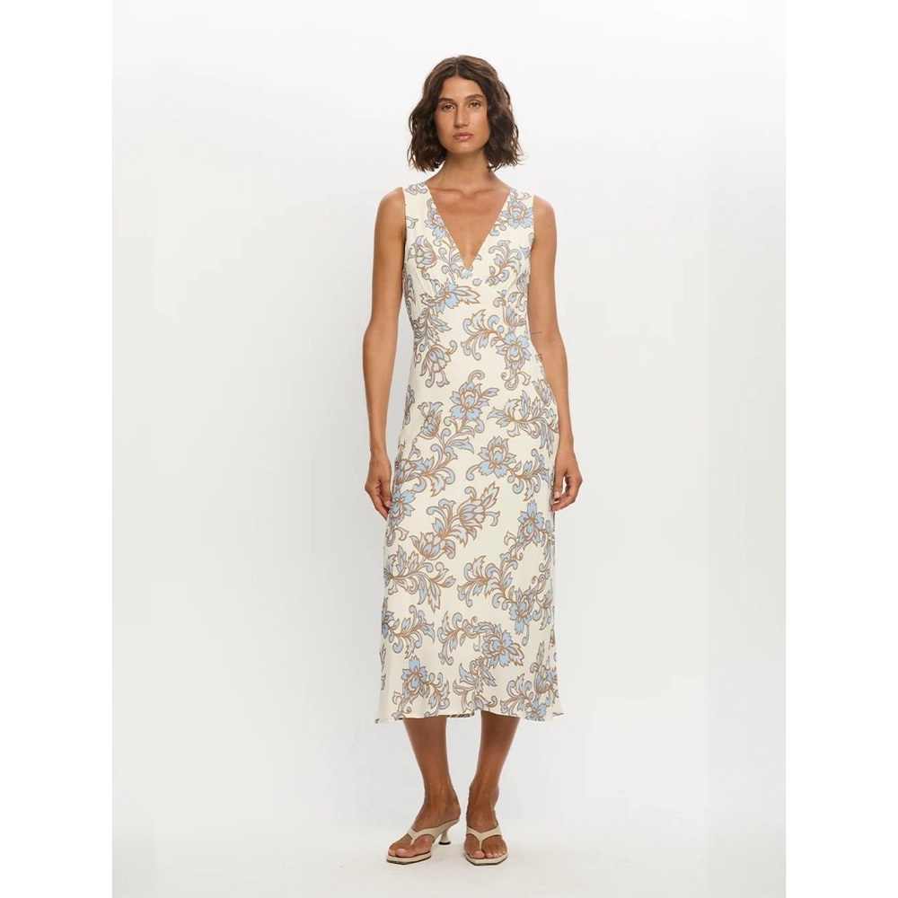 Kivari Cream Midi Dress with Blue and Tan Floral Print